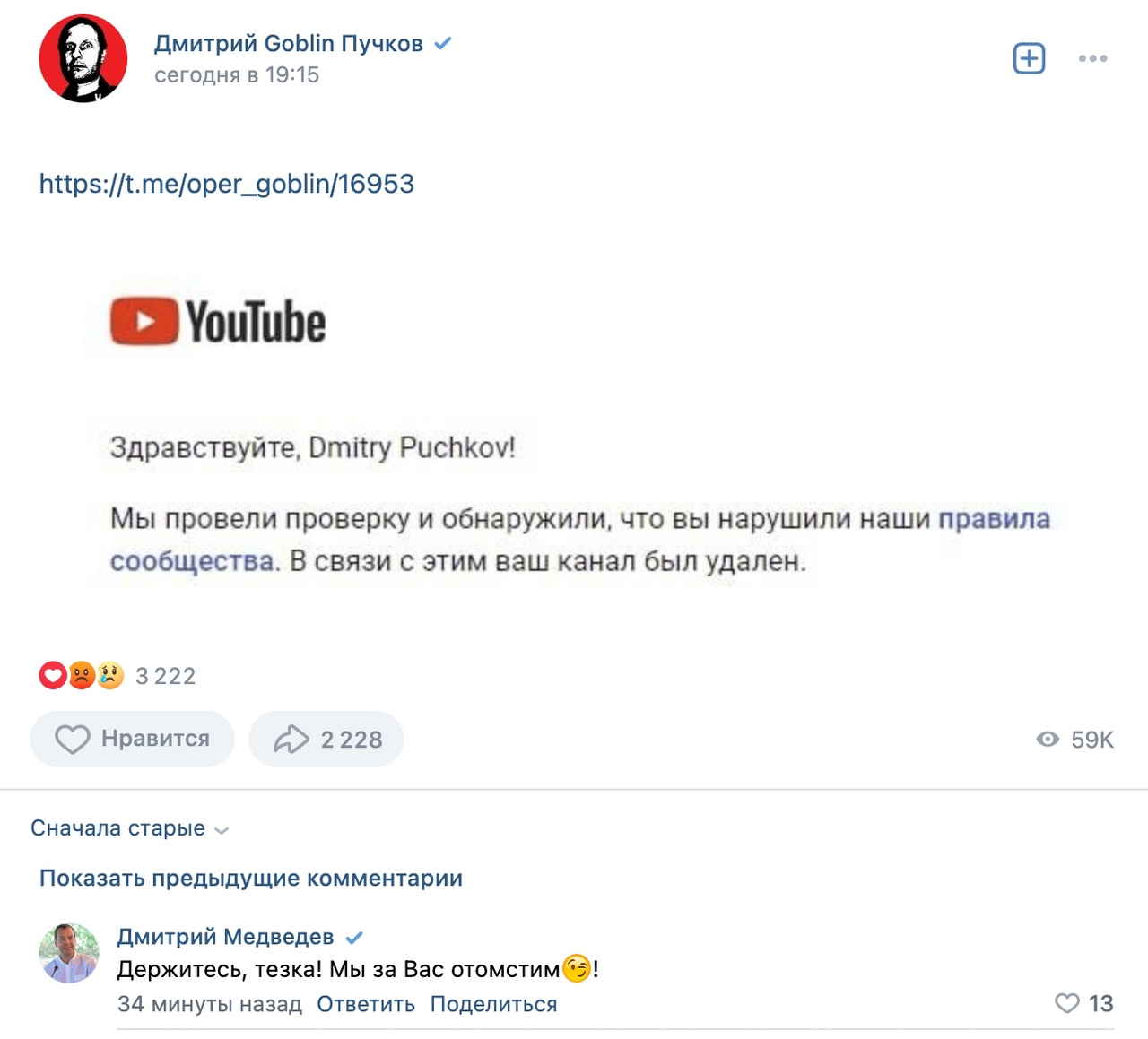Подробнее о "YouTube удалил канал Дмитрия «Гоблина» Пучкова"